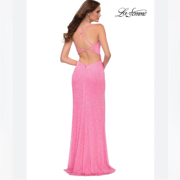 La Femme 29986 Pink Sequin Strappy Back Prom Dress Gown